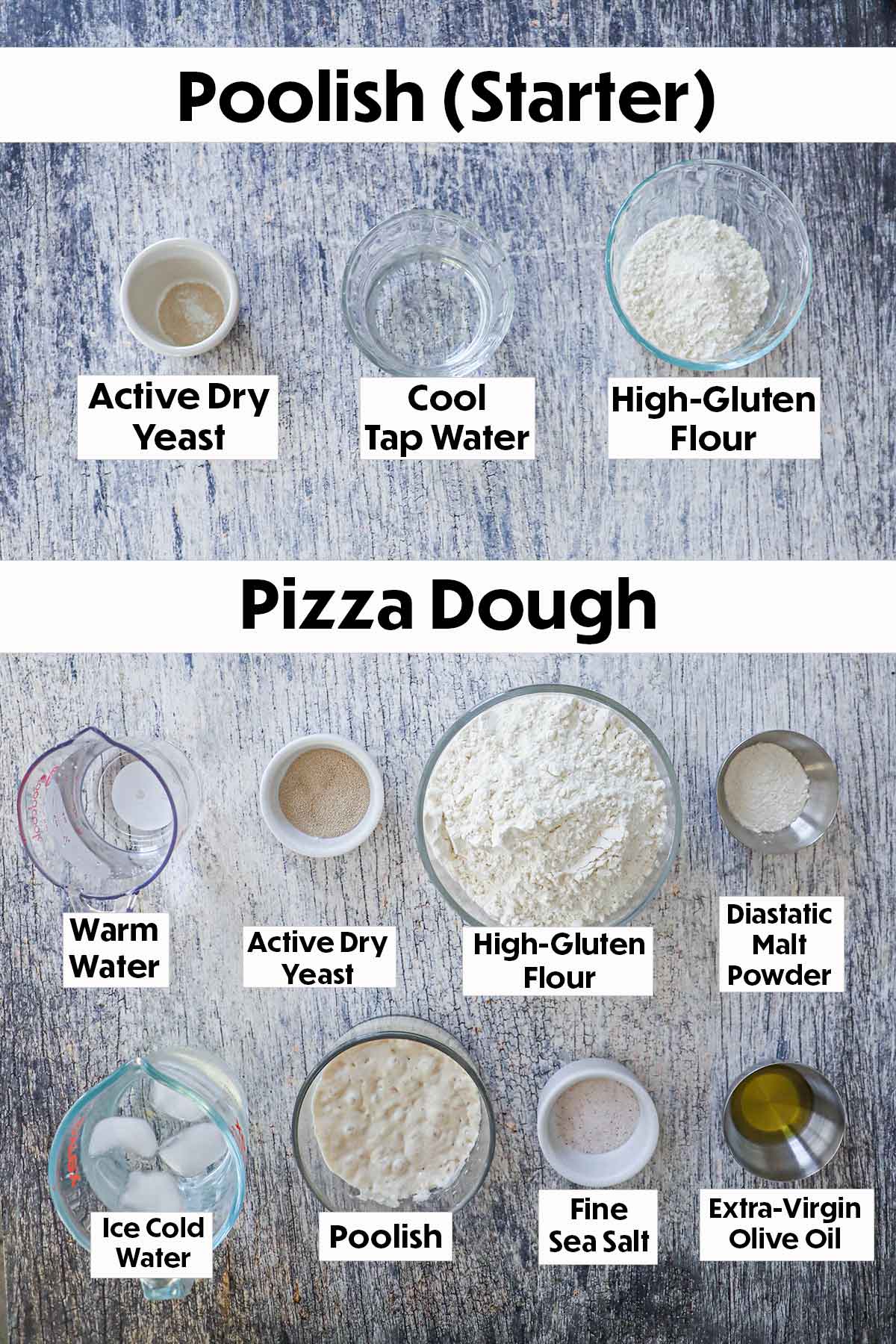 An arrangement of ingredients for poolish and pizza dough on a grey wooden background including yeast, flour, water, salt, and olive oil.