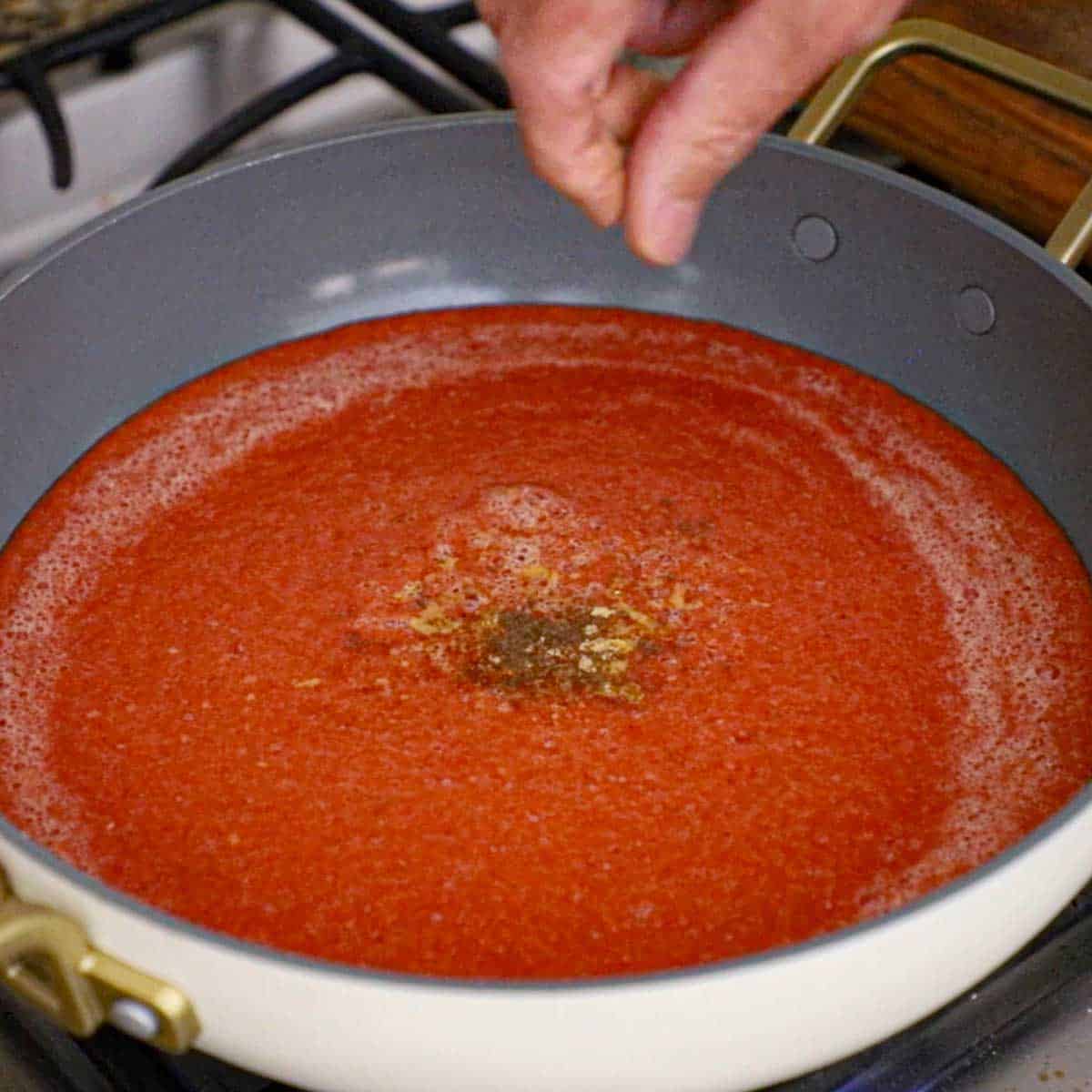 A person adding a pinch of seasoning into a skillet that is filled with a puréed tomato and vegetable mixture and small pinches of other types of seasonings.