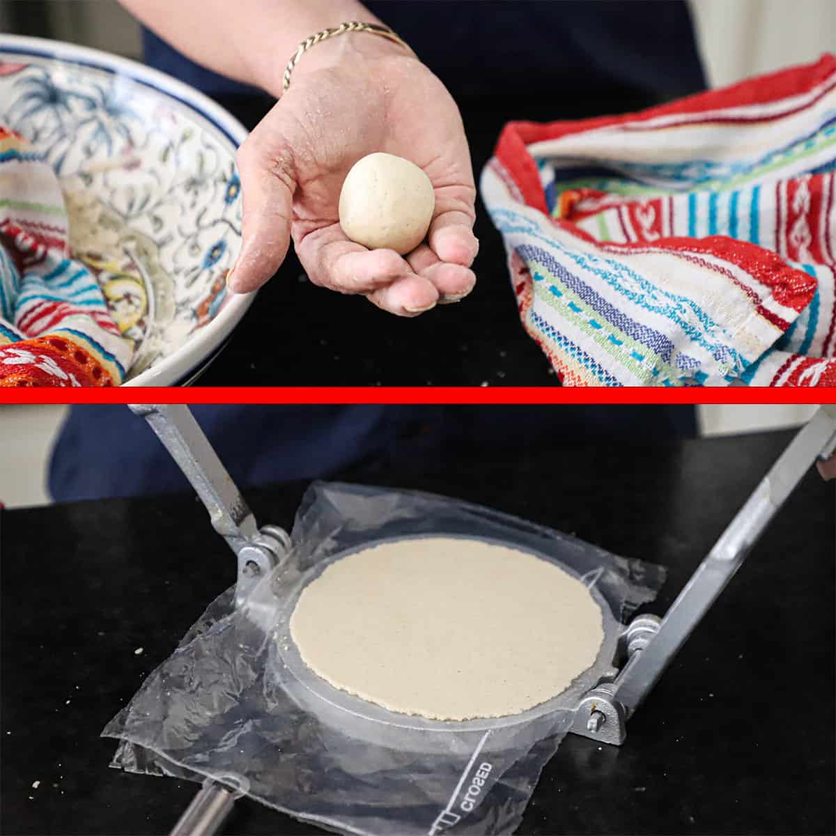 A person holding a smooth ball of corn tortilla dough and then that same dough that has been flattened between two pieces of plastic and a metal tortilla press.