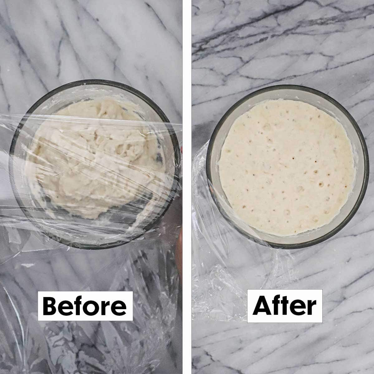 Two side by side bowls with one showing poolish before it rises and then the other bowl is the poolish after the yeast has cause the mixture to expand.
