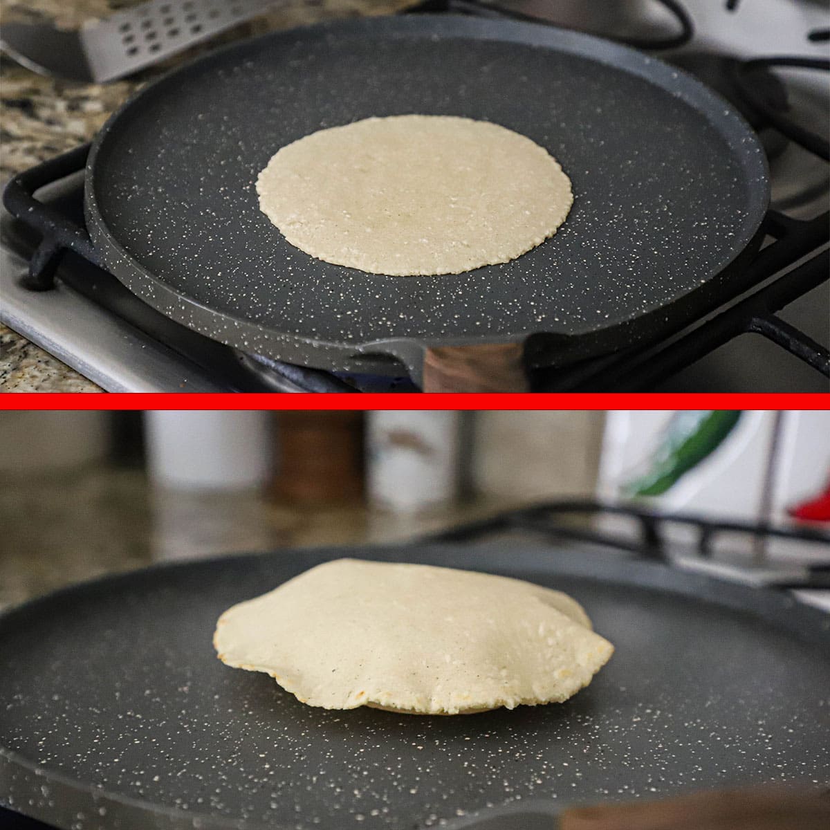 A flat uncooked corn tortilla on a large comal on a gas stove and then that same tortilla that has puffed during the cooking process.