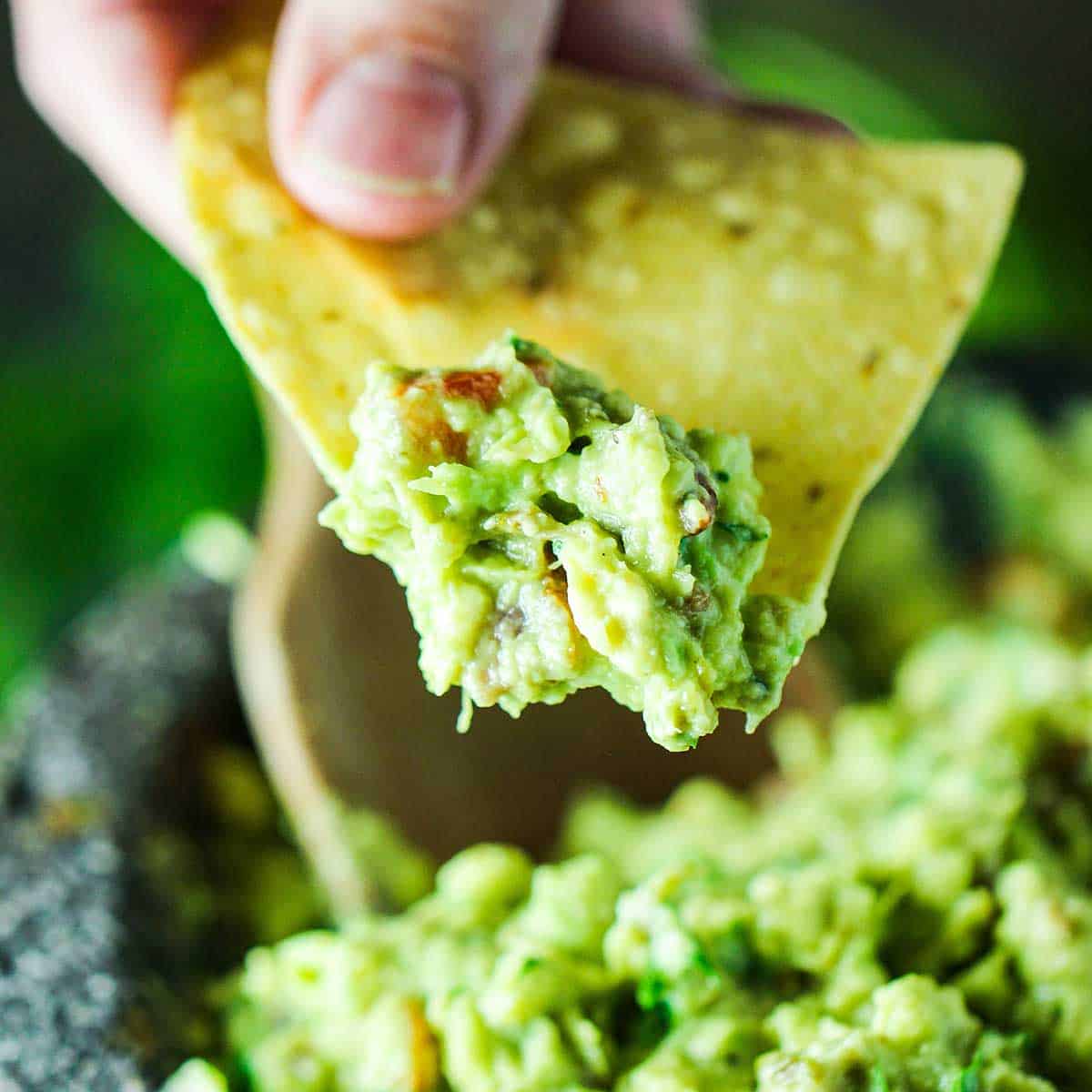 A person holding up a corn tortilla chip that has best-ever guacamole on the end of it.
