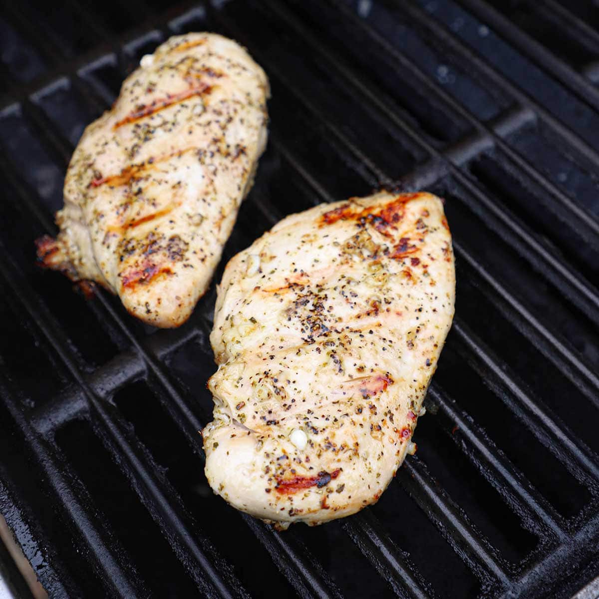 Two marinated skinless, boneless chicken breasts being grilled on a gas grill.