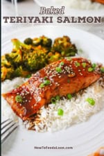 A close-up view of a baked teriyaki salmon fillet on a bed of white rice with a side of roasted broccoli next to it all on a white dinner plate.