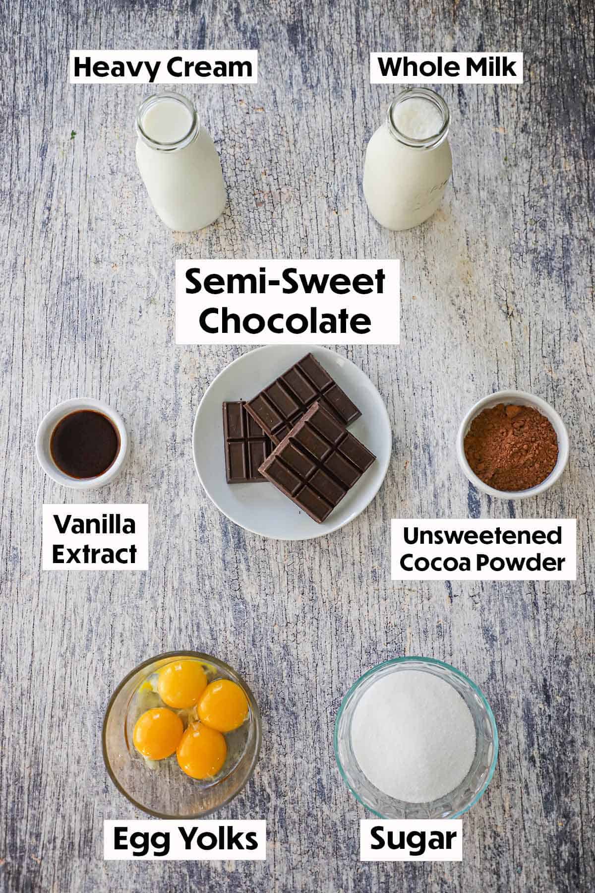 An arrangement of ingredients for homemade chocolate ice cream on a wooden grey background including semi-sweet chocolate, heavy cream, milk, vanilla extract, cocoa powder, egg yolks, and sugar.