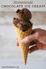 A person holding a waffle cone filled with two scoops of homemade chocolate ice cream.