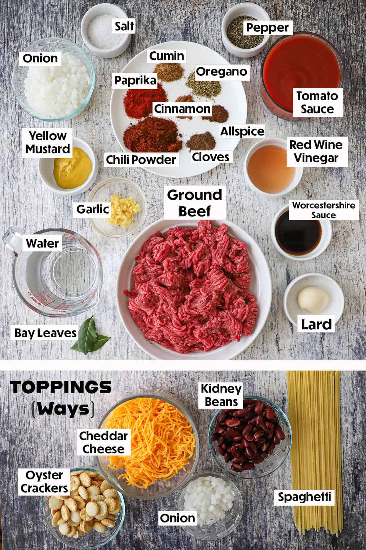 An arrangement of ingredients for Cincinnati chili on a grey wooden background including multiple seasonings, onion, tomato sauce, ground beef, mustard, lard, and a collection of toppings including cheese, spaghetti, beans, and onions.
