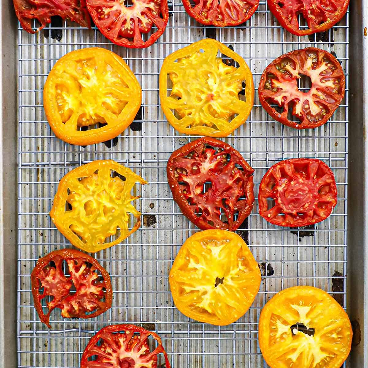 Red, yellow, and orange slices of heirloom tomatoes that have been roasted on a baking rack in a silver sheet pan.