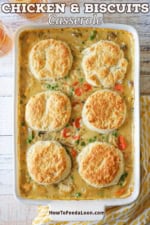 An overhead view of a white baking dish filled with a freshly baked chicken and biscuits casserole.