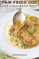 A person using a serving spoon to drizzle a lemon butter sauce over two pan-fried filets of cod on a bed of orzo on a white dinner plate.