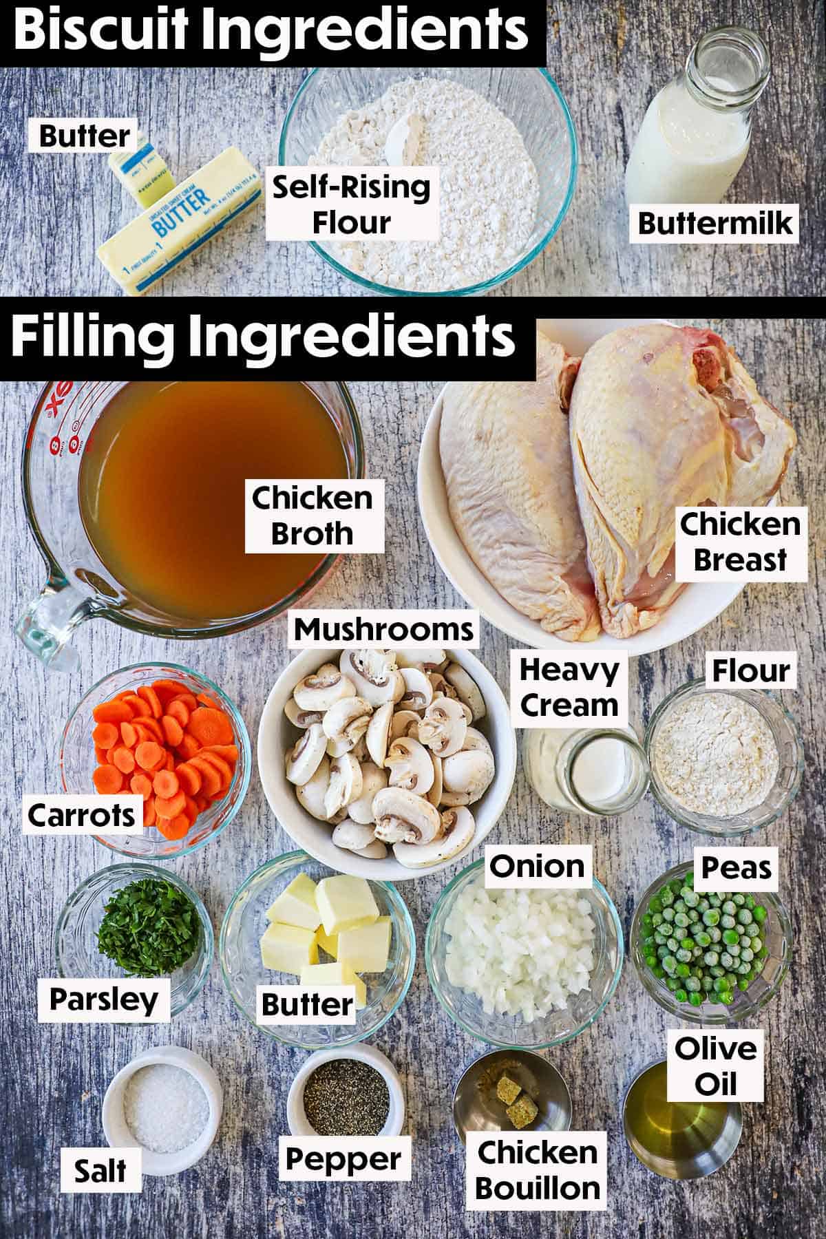 An arrangement of ingredients for chicken and biscuits casseroles on a wooden grey background including chicken breast, broth, flour, buttermilk, butter, butter, and seasonings.