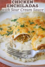 A partially eaten chicken enchilada with sour cream sauce.