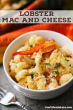 A small white bowl filled with a serving of homemade lobster mac and cheese with a fork nearby.