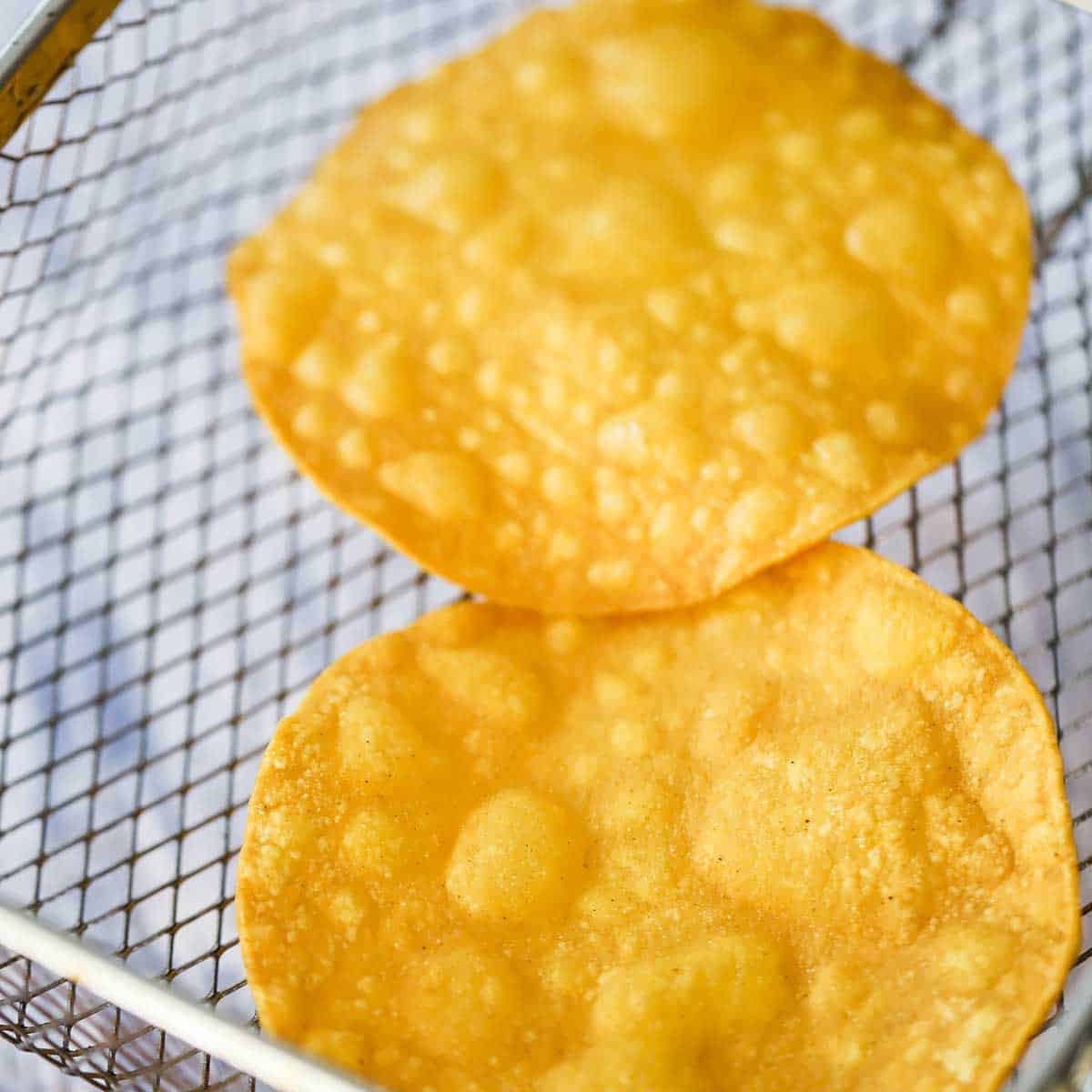 Two corn tortillas that have been fried and are resting in the bottom of a deep-fryer basket.