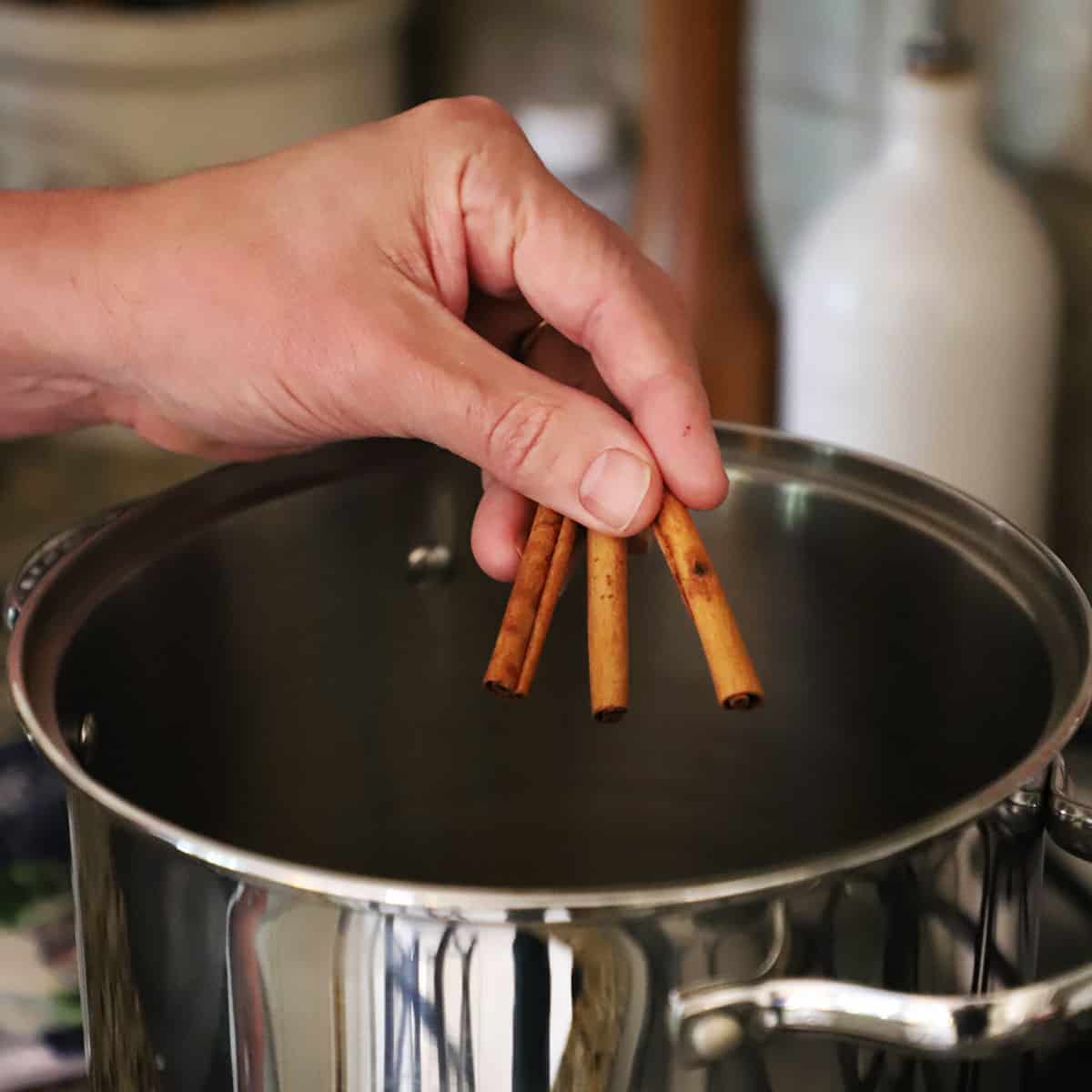 A person holding three cinnamon sticks over a silver stock pot that he getting ready to drop in.