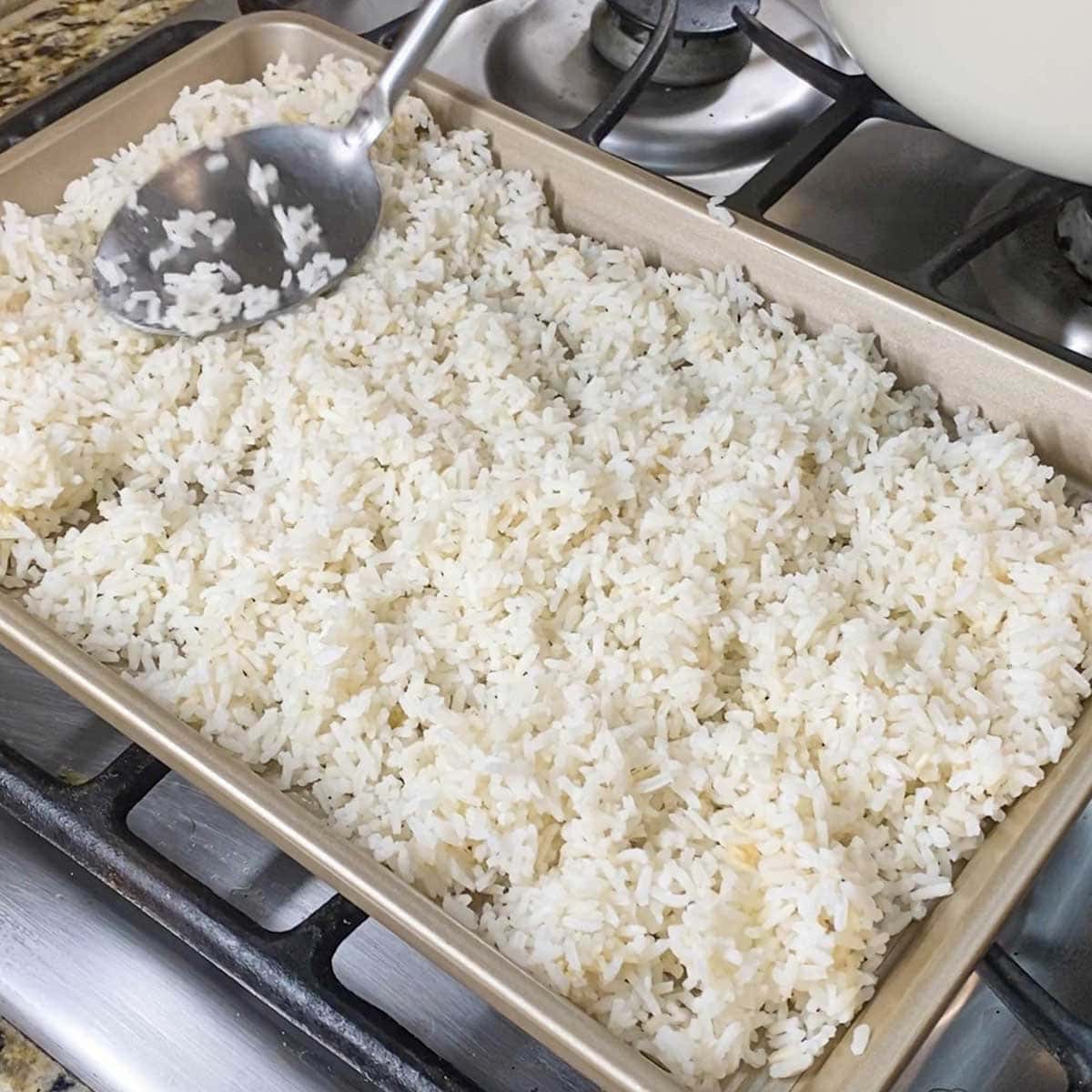 A rectangular baking pan filled with cooked white rice resting on an unlit gas stove.