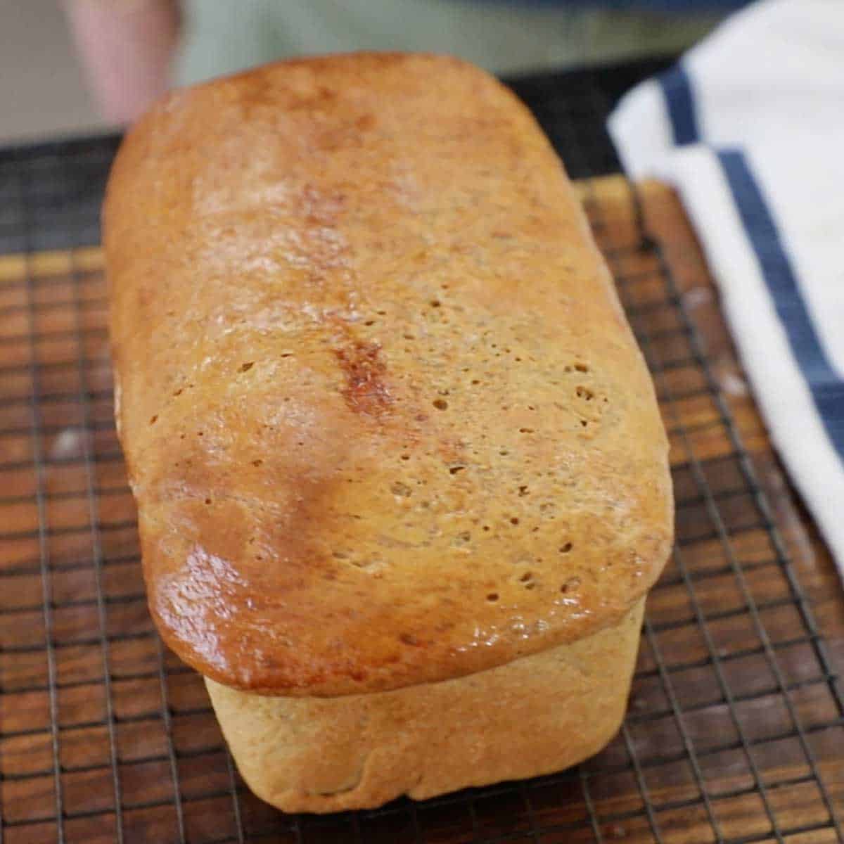 A full deli-style rye bread loaf resting on a wire baking rack on a wooden cutting board.