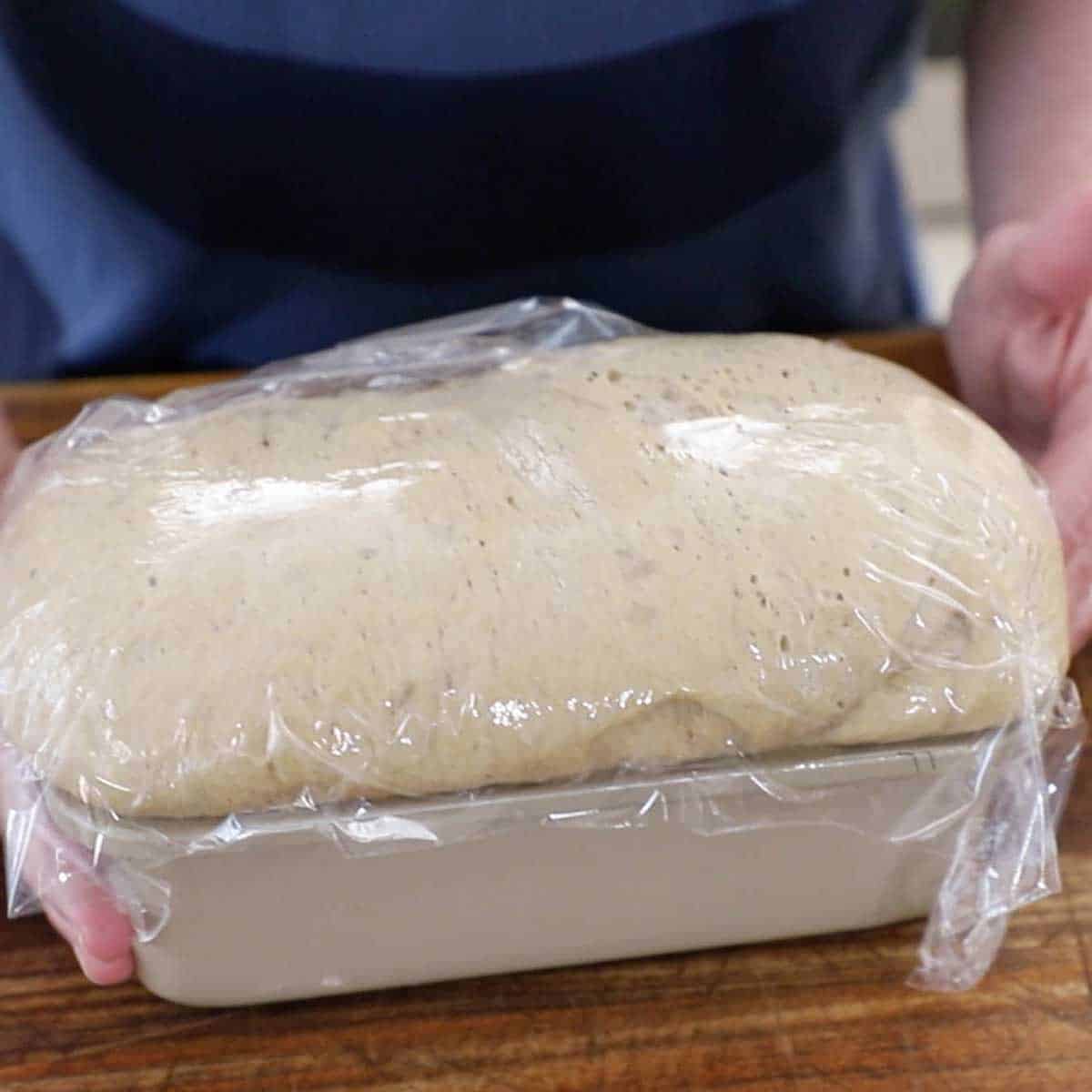 A person holding the sides of a metal loaf pan that is filled with rye bread dough that has been two about 2 inches above the sides of the pan is covered with plastic wrap.