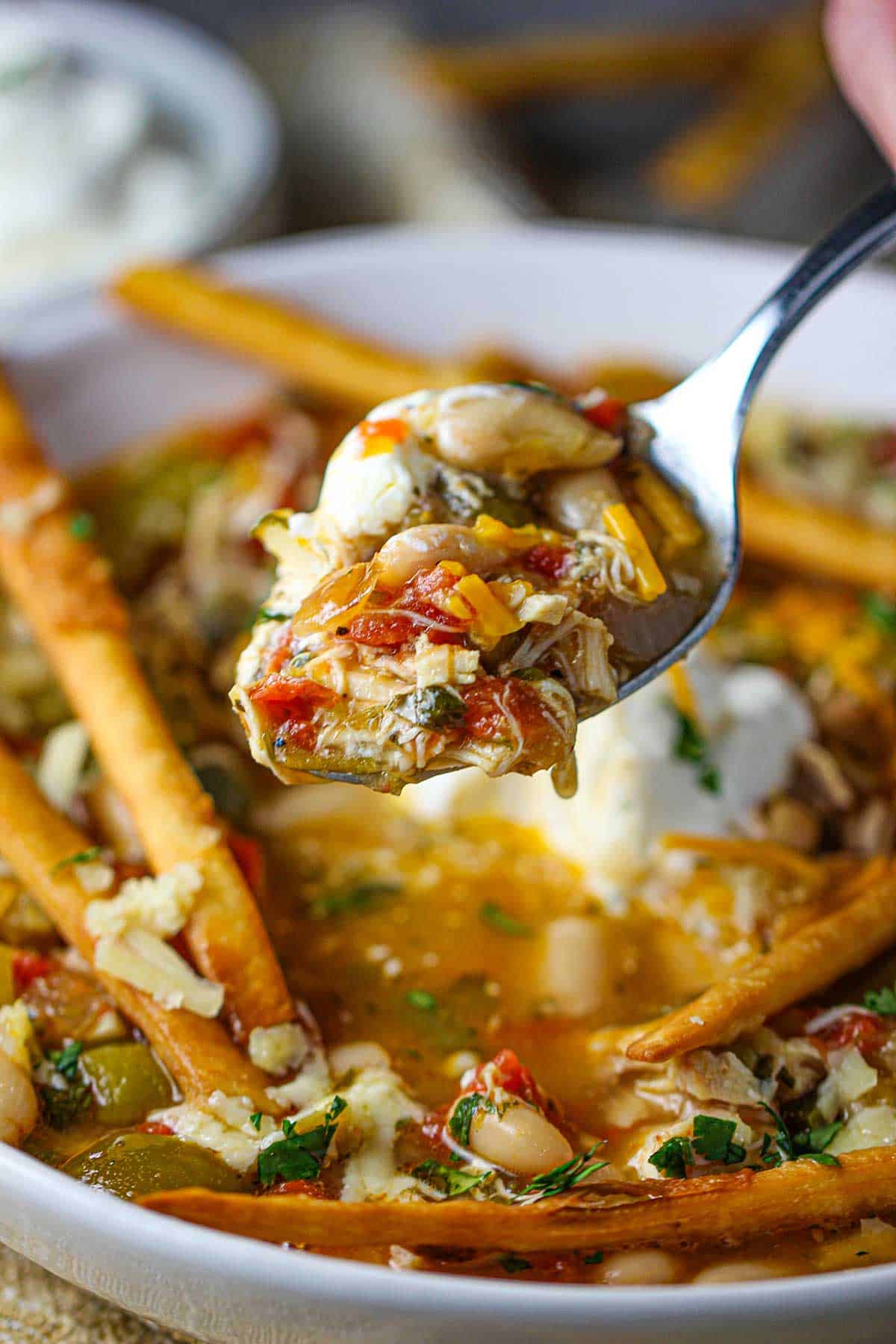A person using a spoon to lift a serving of white chili with tomatillos and chicken from a bowl containing a full serving of the chili.