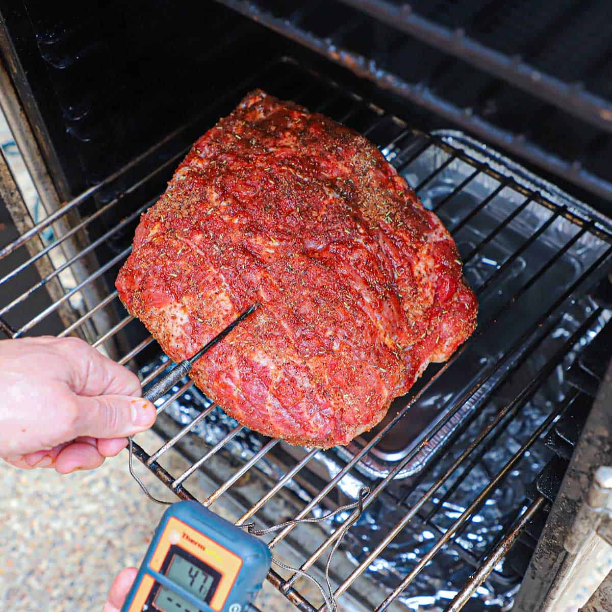 A person inserting a digital meat thermometer into the thickest part of a seasoned uncooked pork butt that is resting on a grate inside an electric smoker.