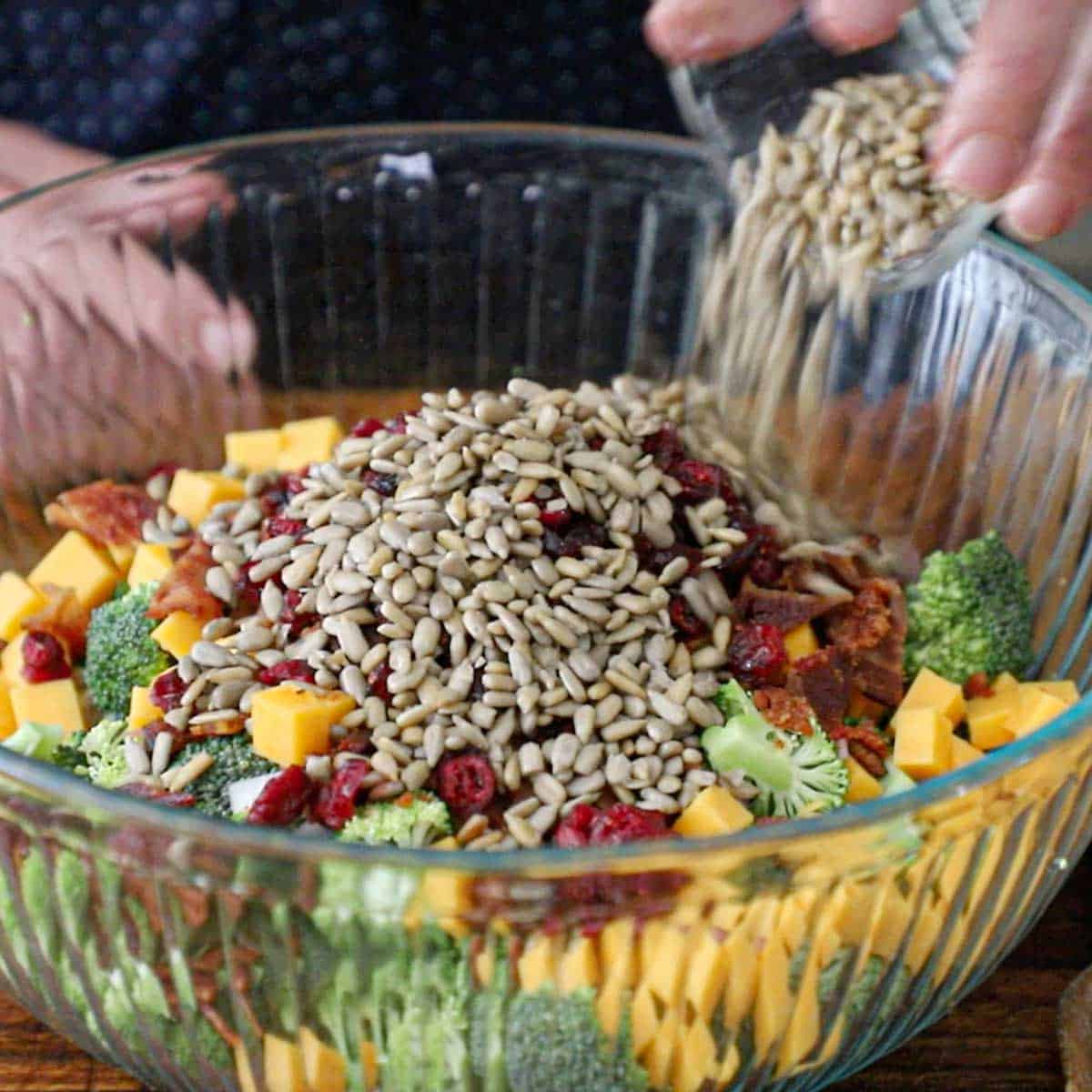 A person pouring a sunflower seeds from a small glass bowl into a large bowl filled with dry components for broccoli salad with bacon.