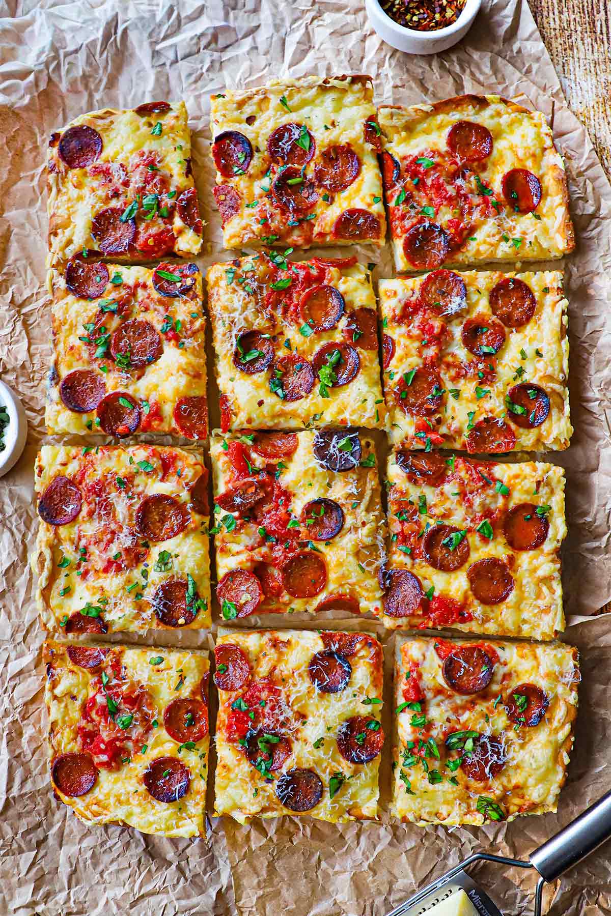 An overhead view of a homemade sheet pan pepperoni pizza that has been removed from the pan and sliced into squares.
