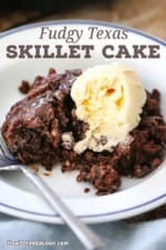 A close-up view of a white bowl filled with a serving of Texas Skillet Cake topped with a scoop of vanilla ice cream that is starting to melt over the cake.