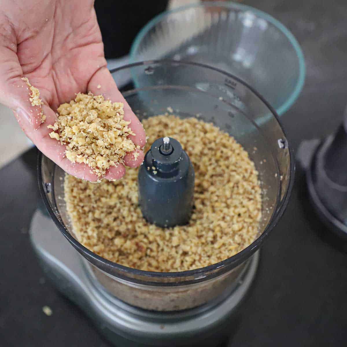 A person holding pulverized walnuts in his hand over a food processor filled with the nuts.