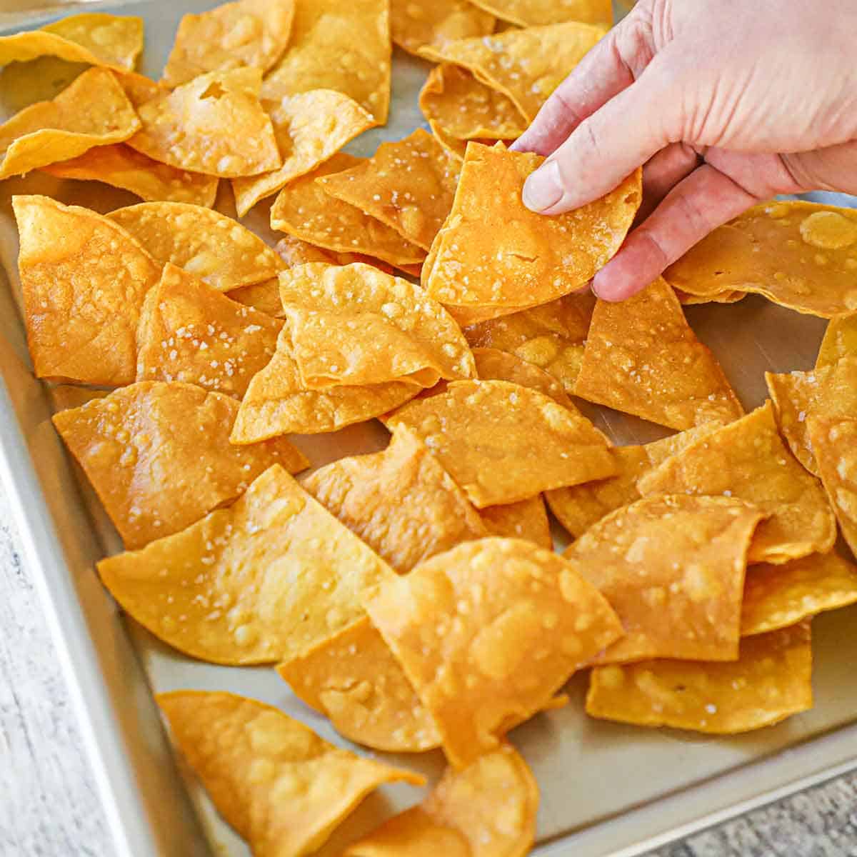 A person placing fried tortilla chips across the bottom of a half sheet pan.