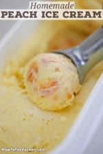 An ice cream scooper being used to scoop a ball of homemade peach ice cream from an ice cream holder filled with the peach ice cream.