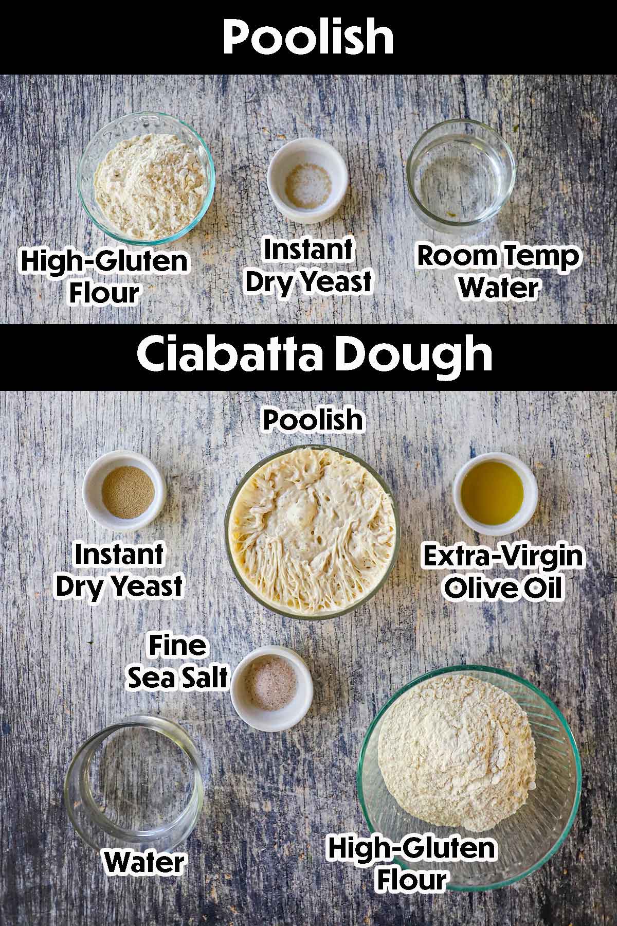 An arrangement of ingredients on a grey wooden background for poolish including high-gluten flour, yeast, and water, as well ingredients for ciabatta dough including poolish, flour, oil, yeas, salt, and water.
