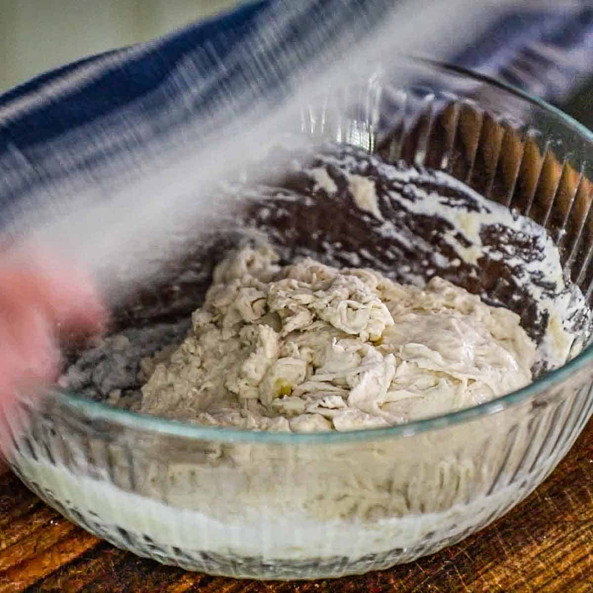 A person removing plastic wrap from a large bowl that is filled with a shaggy ciabatta dough.