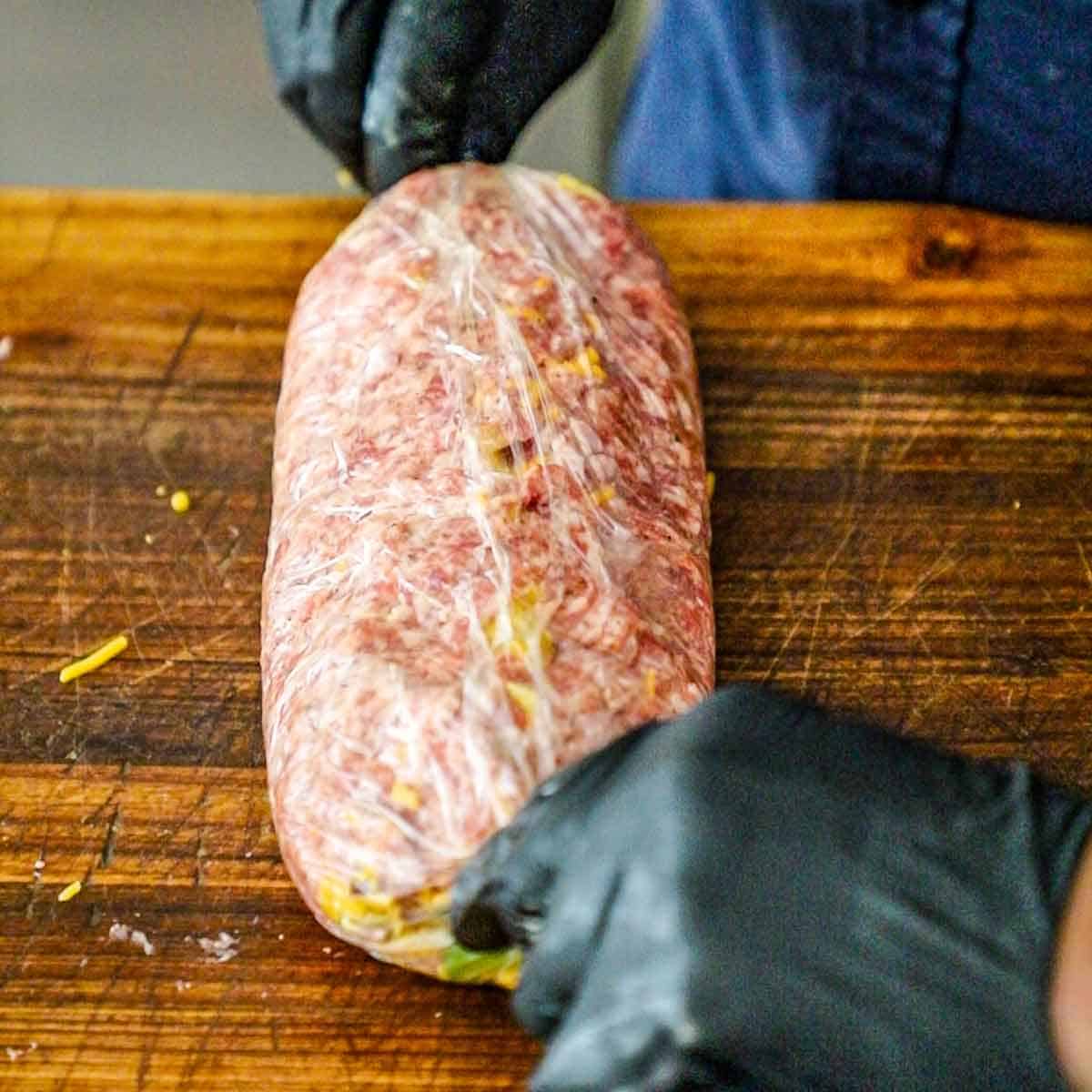 A person twisting plastic wrap on both ends of a breakfast fatty that has been rolled tightly inside the wrap on a cutting board.
